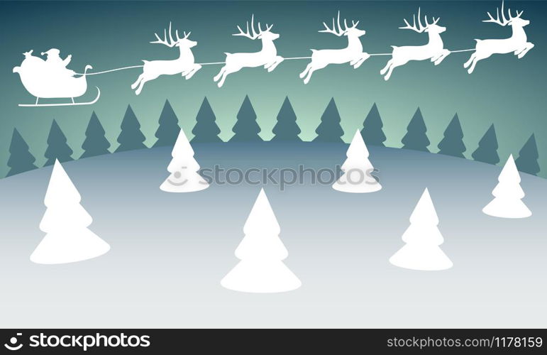 Christmas reindeers are carrying Santa Claus in a sleigh with gifts. silhouette in the forest. Christmas reindeers are carrying Santa Claus in a sleigh with gifts.