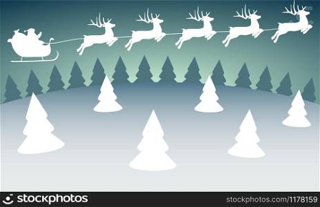 Christmas reindeers are carrying Santa Claus in a sleigh with gifts. silhouette in the forest. Christmas reindeers are carrying Santa Claus in a sleigh with gifts.
