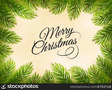 Christmas retro background with a green tree branches. Vector.