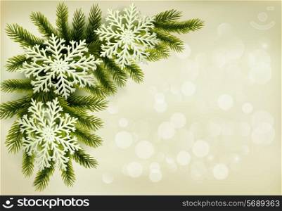 Christmas retro background with christmas tree branches and snowflakes. Vector illustration.