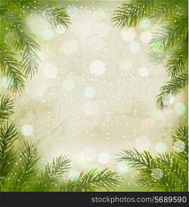 Christmas retro background with christmas tree branches and snowflakes. Vector illustration.