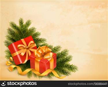 Christmas retro background with tree branches and gift boxes. Vector.