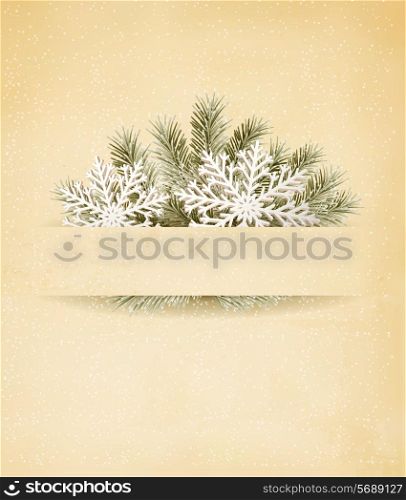Christmas retro background with tree branches and snowflake?. Vector.