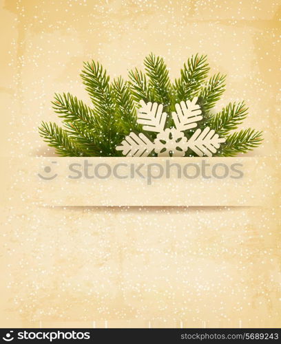 Christmas retro background with tree branches and snowflake. Vector.