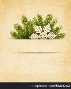 Christmas retro background with tree branches and snowflake. Vector.
