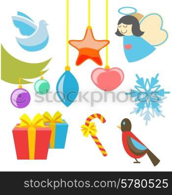 Christmas retro icons, elements and illustrations of angel tree star dove bird gift