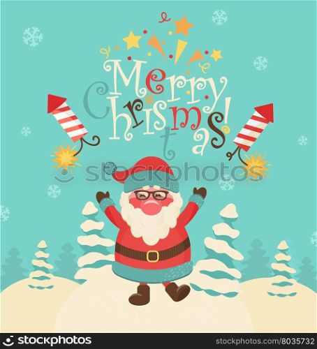 Christmas retro vector illustration.Snow landscape background with christmas trees and santa.