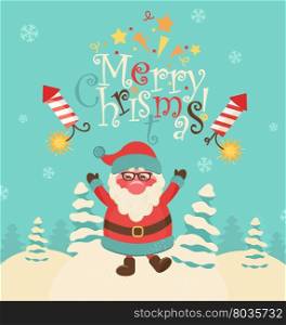 Christmas retro vector illustration.Snow landscape background with christmas trees and santa.