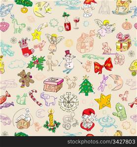 christmas rich pattern with toys and season greetings icons, childlike drawn wallpaper