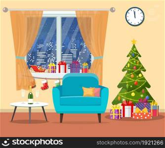 Christmas room interior. armchair with pillow, decorated Christmas tree, gifts, snowfall in the window. Merry christmas holiday. New year and xmas celebration. Vector illustration flat style .. Christmas room interior.