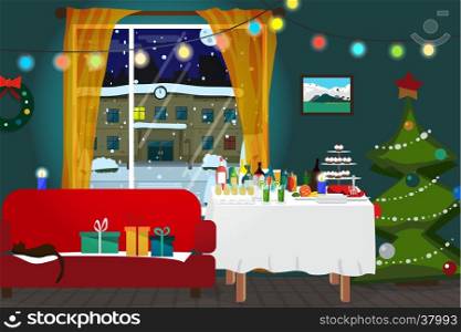 Christmas room interior. Christmas tree, buffet table, gift and decoration. View at night snowy street. Flat cartoon vector illustration