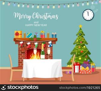 Christmas room interior. Christmas tree, fireplace, table and chairs. Merry christmas holiday. New year and xmas celebration Vector illustration in a flat style .. Christmas room interior.