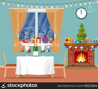 Christmas room interior. Christmas tree, fireplace, window, table and chairs. Merry christmas holiday. New year and xmas celebration Vector illustration in a flat style .. Christmas room interior.