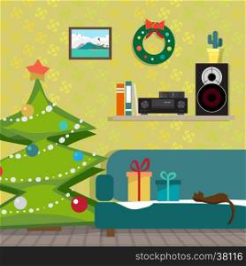 Christmas room interior. Christmas tree, gift and decoration. The music receiver and speaker on a shelf. Flat cartoon vector illustration