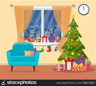Christmas room interior. Christmas tree, gift and decoration. Happy new year decoration. Merry christmas holiday. New year and xmas celebration. Vector illustration flat style .. Christmas room interior.
