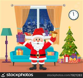 Christmas room interior. Christmas tree, gift and decoration. Happy Santa Claus with presents and bell. Merry christmas holiday. New year and xmas celebration. Vector illustration flat style .. Christmas room interior.