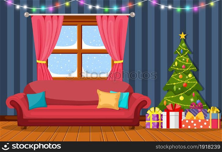 Christmas room interior. Christmas tree, gift and decoration. Vector illustration in a flat style. Christmas room interior.