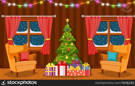 Christmas room interior. Christmas tree, gift and decoration. Vector illustration in a flat style. Christmas room interior.