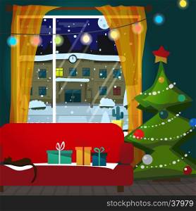 Christmas room interior. Christmas tree, gift and decoration. View at night snowy street. Flat cartoon vector illustration