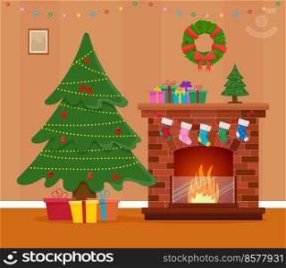 Christmas room interior. Christmas tree, gift, fireplace and decoration.. Christmas room interior. Christmas tree, gift, fireplace and decoration