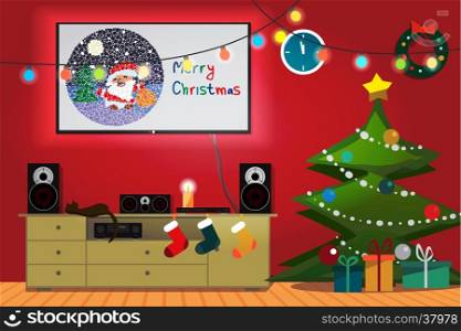 Christmas room interior. Christmas tree, gift, socks and decoration. TV, loudspeakers, receiver for home movie theater and music in the apartment. Flat cartoon vector illustration