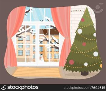 Christmas room interior. Christmas tree with holiday decoration and fairy lights. Cozy home holiday. Flat vector illustration view from the inside of a room on a snowy winter day outside the window. Christmas room interior. Christmas tree with holiday decoration and fairy lights. Cozy home holiday