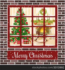 Christmas room through the window postcard. Christmas room with fireplace and xmas tree through the window.Vector illustration. Brown bricks. Illuminated and decorated living room with gifts, toys, xmas tree. For postcard, greetings, poster