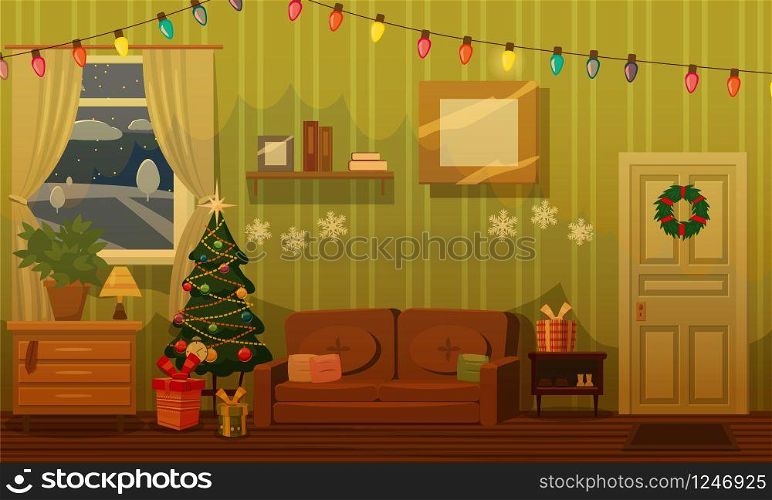Christmas room with a Christmas tree, sofa, gifts, festoon, holiday attributes mood. Christmas room with a Christmas tree, sofa, gifts, festoon, holiday attributes, mood. Vector, illustration, isolated, template, poster, banner
