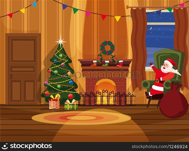 Christmas room with Santa Claus and Christmas tree, fireplace, sofa, gifts, festoon, holiday attributes, mood. Christmas room with Santa Claus and Christmas tree, fireplace, sofa, gifts, festoon, holiday attributes, mood. Vector, illustration, isolated, template, poster, banner