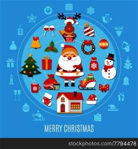 Christmas round composition with santa, snowman, deer, xmas tree, home, holiday decorations on blue background vector illustration. Christmas Round Composition