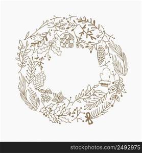 Christmas round frame decorative elements doodle made of leaves and holiday symbols hand drawing vector illustration. Christmas Round Frame Decorative Elements Doodle