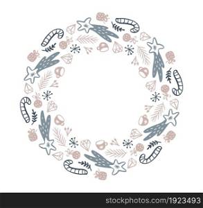 Christmas round frame with place for text. Vector holiday border wreath Greeting card for winter holidays Merry Christmas and Happy New Year.. Christmas round frame with place for text. Vector holiday border wreath Greeting card for winter holidays Merry Christmas and Happy New Year