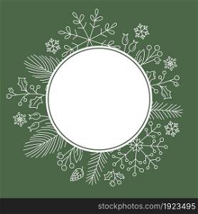 Christmas round frame with place for text. Vector holiday xmas green border. Greeting card for winter holiday Happy New Year.. Christmas round frame with place for text. Vector holiday xmas green border. Greeting card for winter holiday Happy New Year