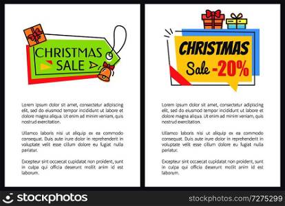 Christmas sale -20% off, set of banners with informational text and stickers made up of shapes, titles and icons of presents, bell vector illustration. Christmas Sale -20% Off Set Vector Illustration
