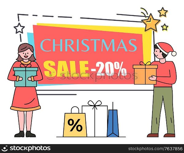 Christmas sale 20 percent off reduction off price vector. Banner with people holding gifts bought on new year or xmas celebration. Man and woman with packages and presents flat style illustration. Christmas Sale 20 Percent Off Banner for Shops