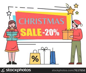 Christmas sale 20 percent off reduction off price vector. Banner with people holding gifts bought on new year or xmas celebration. Man and woman with packages and presents flat style illustration. Christmas Sale 20 Percent Off Banner for Shops