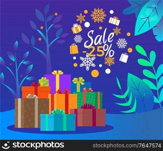 Christmas sale 25 percent reduction off price vector. Promotional poster with snowflakes and presents. Banner with winter landscape, trees and foliage. Xmas shopping using discounts and offers. Christmas Sale 25 Percent Off Xmas Holidays Poster