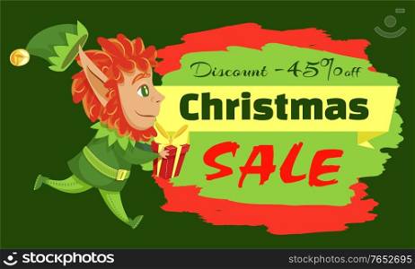 Christmas sale 45 percent discount, elf character running with gift box. Shopping flyer in green color with assistant cartoon character holding present. Business promotion with helper hero vector. Shopping Card Elf Fair Hero with Gift Box Vector