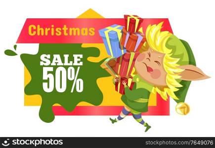 Christmas sale 50 percent discount poster with elf cartoon character carrying gift box. Shopping label special promotion and fairy helper holding present. Winter holiday card with Xmas hero vector. Shopping Poster with Elf Xmas Character Vector