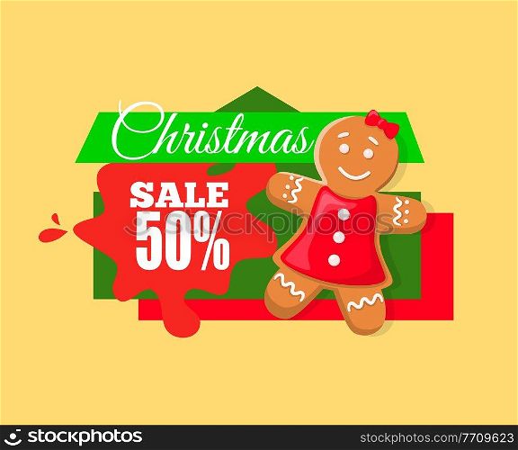 Christmas sale 50 percent off discount, gingerbread boy sweet cookie and price tag with info about discounts. Half cost reduce advertisement label. Christmas Sale 50 Off Discount, Gingerbread Boy