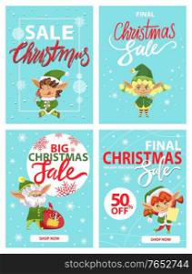 Christmas sale 50 percent off, promotional posters set with elves and calligraphic inscriptions. Shopping with reduced prices and discounts from shops. Xmas character with bag of candies vector. Christmas Sale, Promotions with Xmas Elves Set