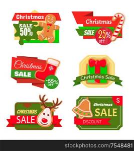 Christmas sale 50 percent reduction isolated icons vector. Socks with reindeer print, pine tree cookie, candy lollipop, deer and bell with presents. Christmas Sale 50 Percent Reduction Isolated Icons