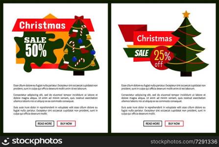 Christmas sale 55 % off card vector illustrations with Christmas trees, advertising text, push-buttons isolated on white backgrounds with grey frames. Christmas Sale 55 % Off Card Vector Illustration
