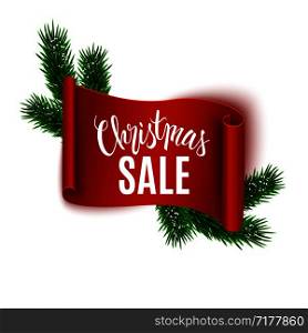 Christmas sale advertisement, realistic red ribbon and fir tree branches, vector illustration