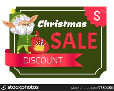 Christmas sale and best discount poster on winter holidays with elf cartoon character. Shopping tag with dollar symbol and funny gnome with bag. Xmas business promotion with festive hero vector. Winter Promotion and Discount with Elf Vector