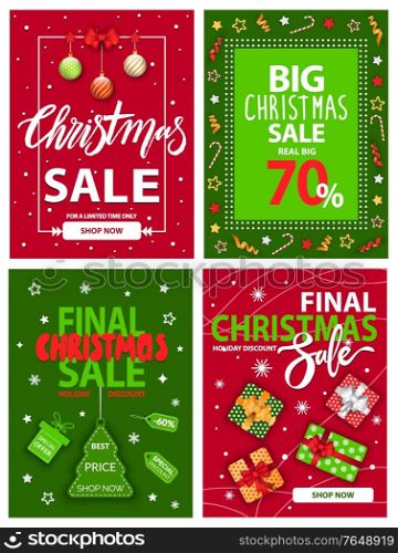 Christmas sale and discounts on winter holidays vector. Promotional banners and posters with decorative elements and symbols of New year. Proposals in shop, advertisements in stores shopping. Christmas Sale Promotional Posters Set Offers