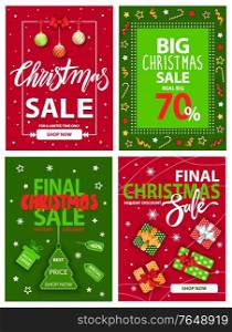 Christmas sale and discounts on winter holidays vector. Promotional banners and posters with decorative elements and symbols of New year. Proposals in shop, advertisements in stores shopping. Christmas Sale Promotional Posters Set Offers