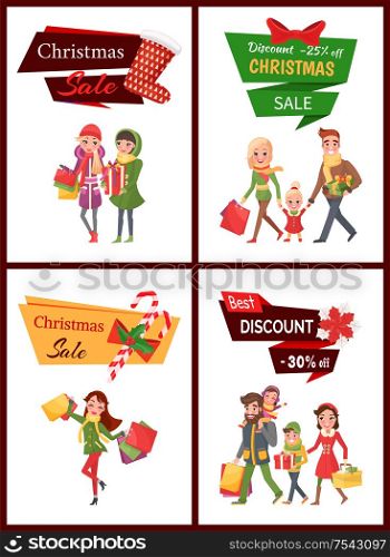 Christmas sale and discounts shopping preparation vector. Happy New Year, family mother and father walking with child and packages, lady with bags, flat style. Christmas Sale and Discounts Shopping Families