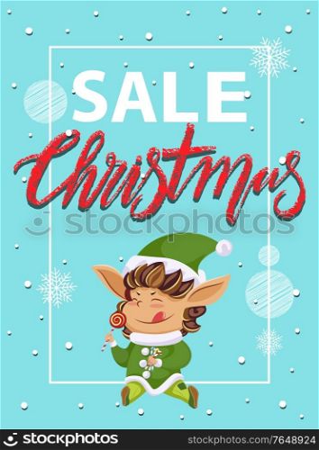 Christmas sale and holiday clearance in shops to buy presents. Fairy character eat lollypop and candy cane. Promotion poster with elf and advertising caption. Vector illustration in flat style. Christmas Sale, Fairy Elf on Promotion Poster