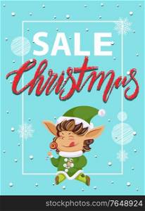 Christmas sale and holiday clearance in shops to buy presents. Fairy character eat lollypop and candy cane. Promotion poster with elf and advertising caption. Vector illustration in flat style. Christmas Sale, Fairy Elf on Promotion Poster